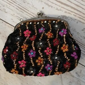 Pierre Urbach By Santi Floral Beaded Black Velvet Clutch Evening Bag